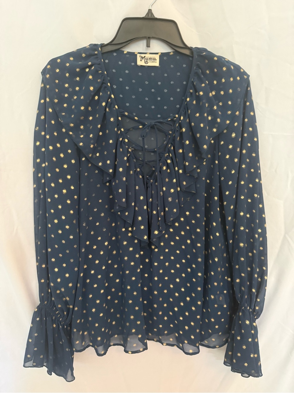 Mumu Navy Blue Ruffle Lace-Up Polka Dot Blouse